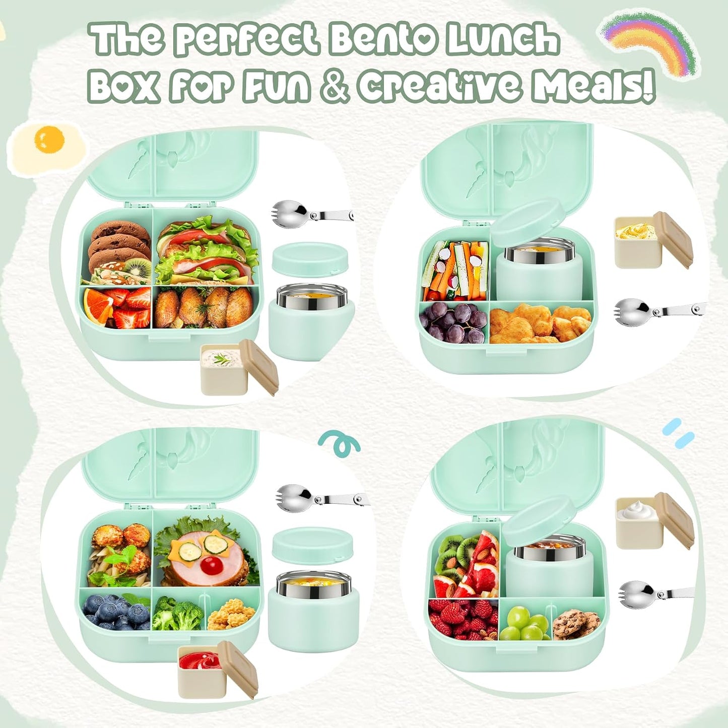 Aimsnk Magical Dinosaur Kids Lunch Box Set -12oz Insulated Food Jar, Leakproof Lunch Food Containers Cutlery, Leak-Proof Sauce Cup & Spoon, Gradient Green+Jar Green