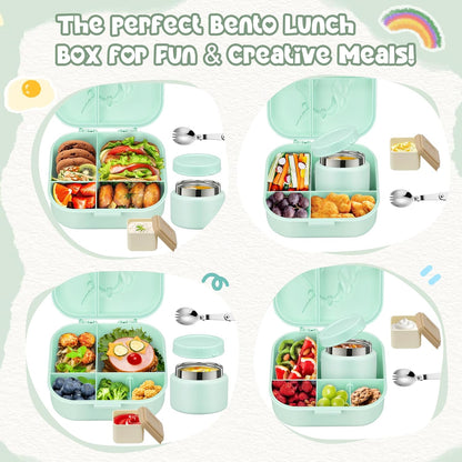 Aimsnk Magical Dinosaur Kids Lunch Box Set -12oz Insulated Food Jar, Leakproof Lunch Food Containers Cutlery, Leak-Proof Sauce Cup & Spoon, Gradient Green+Jar Green