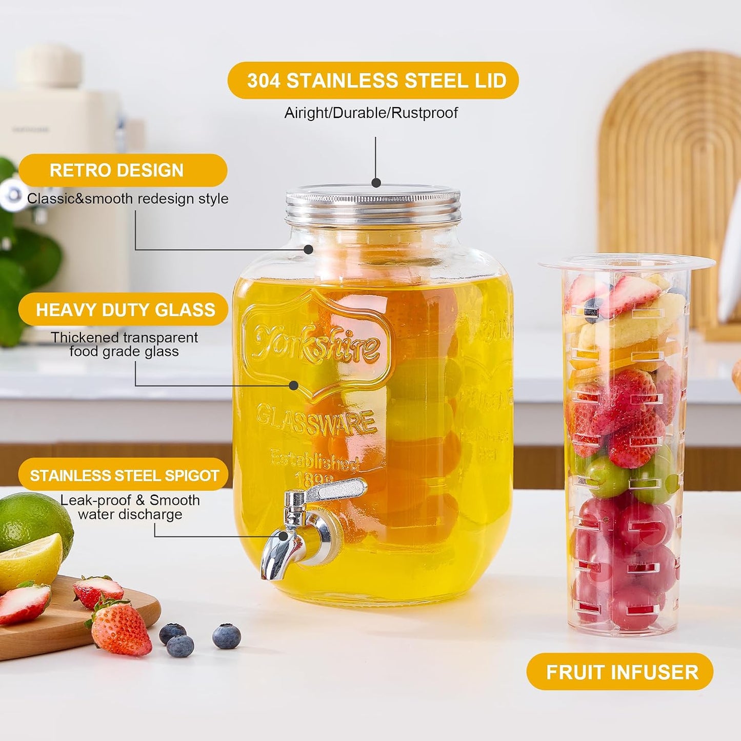 1 Gallon Glass Beverage Dispenser Set of 2 with Stand & Fruit Infuser, Stainless Steel Spigot, Beverage Dispenser for Parties, Weddings, BBQs, Lemonade, Sun Tea, Juice & Cold Drinks
