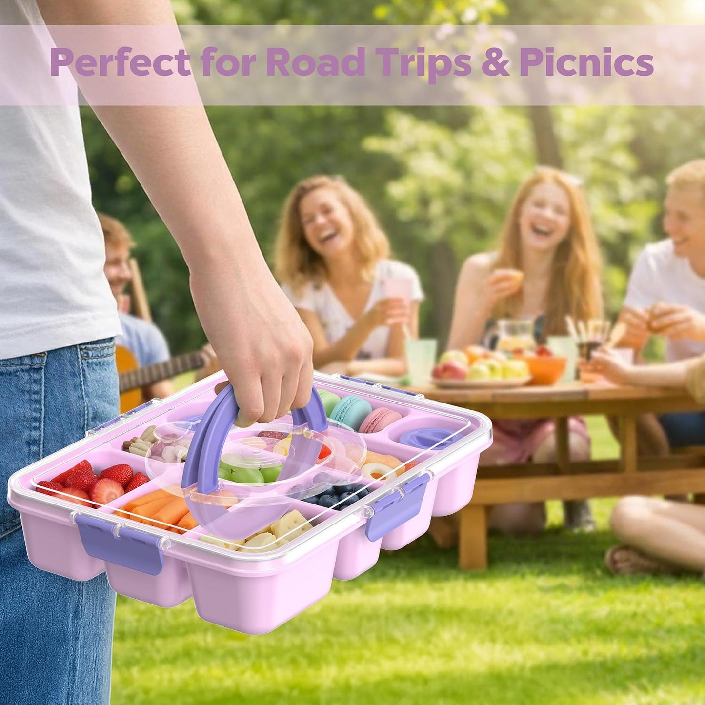 Snackle Box Container for Adults with 10 Compartment, Divided Serving Tray with Lid and Handle and 2 Sauce Containers, Portable Snack Box Container for Charcuterie Party Travel, Purple