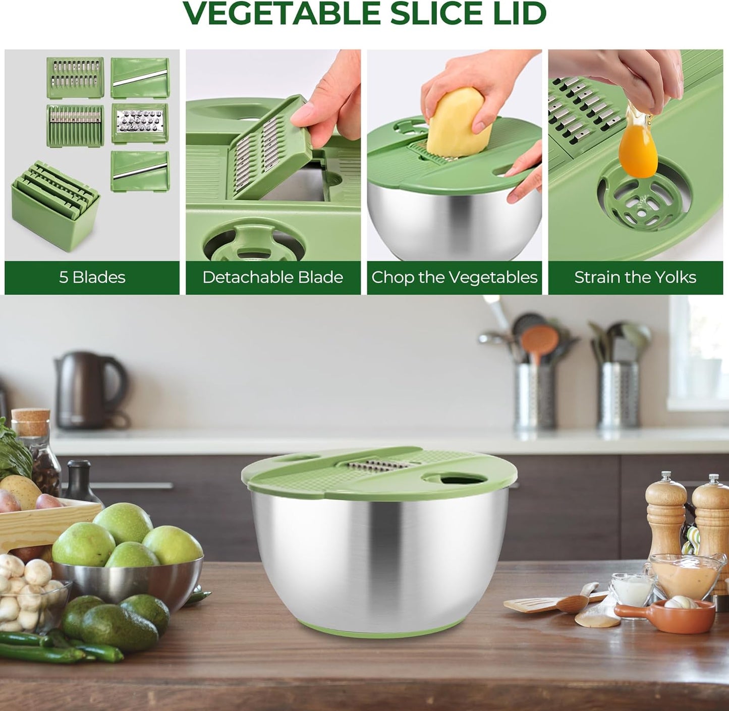 SUSTEAS Salad Spinner Large, Vegetables Wash Bowl, Fruits & Herb Lettuce Dryer with 5 Blade Slicer Egg Yolk Strainer Shredder for Efficient Salad Preparation and Food Washing, 4.25Qt
