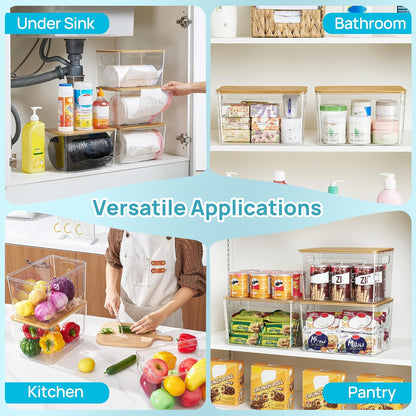 Vtopmart 2 Pack Trash Bag Holder with Bamboo Lid, Stackable Garbage Bag Dispenser for 13/30/33 Gallon Bags, Clear Organizer Bins for Under Kitchen Sink, Laundry Room Organization and Storage