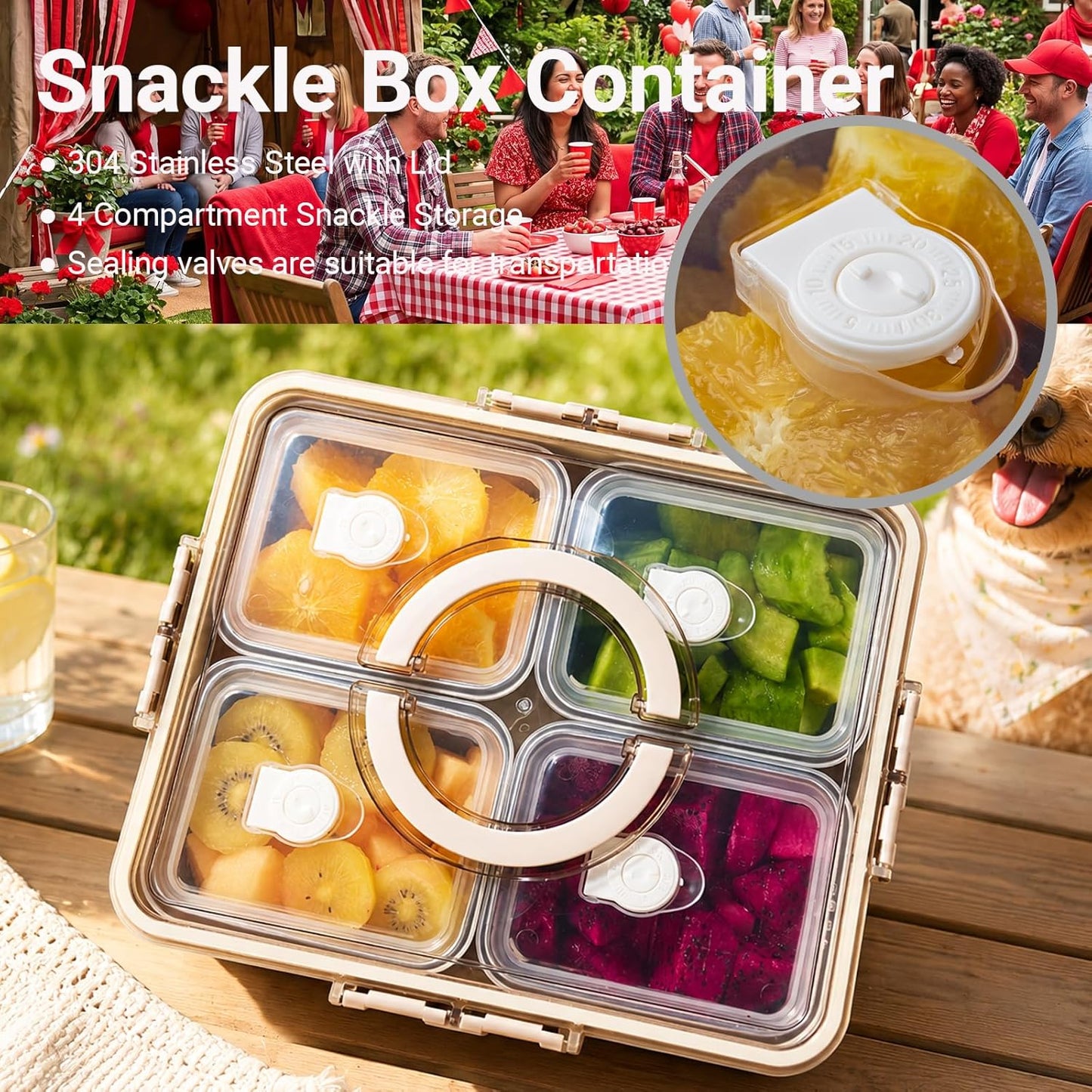 Snackle Box Container, 4 PCS Stainless Steel Divided Serving Snack Tray,Serving Tray with Lid and Handle, Portable Snack Tray for Beach, Road Trip, Picnic, Boat Days, Ball Games
