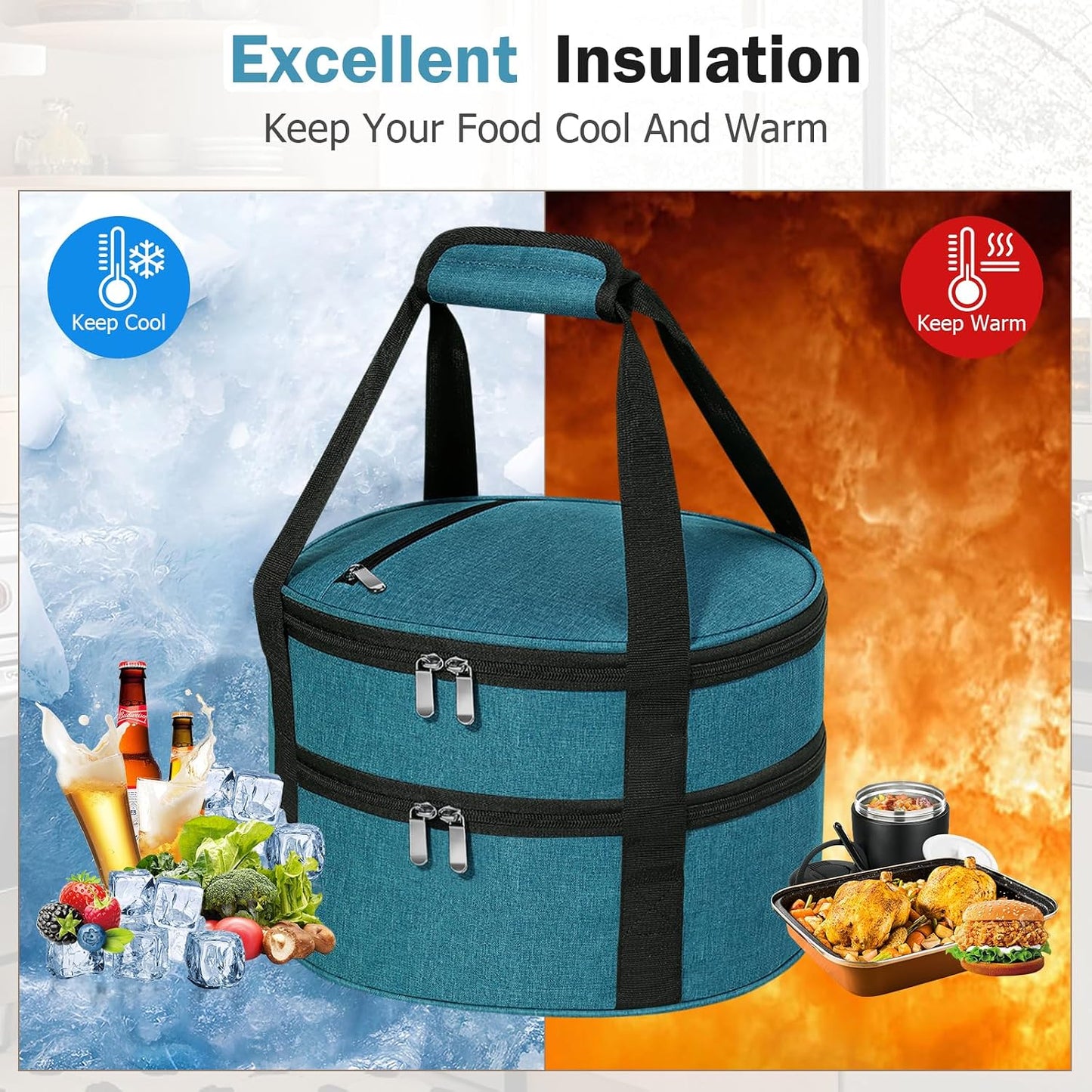 Round Insulated Casserole Carrier – 12" Portable Pie Carrier Bag for Hot or Cold Food, Leakproof Thermal Lunch Tote with Handle for Parties Picnic & Travel - Grey