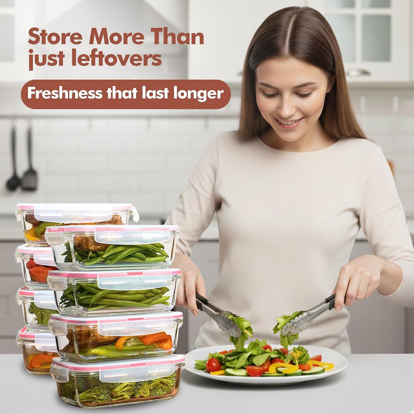 Razab 16 Pc (Set of 8) 30 Oz Glass Meal Prep Containers with Lids, Airtight Large Glass Food Storage Containers, Reusable Leak Proof BPA Free, Freezer to Oven and Dishwasher Safe