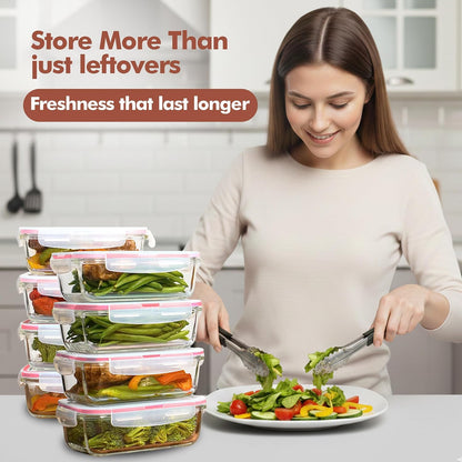 Razab 16 Pc (Set of 8) 30 Oz Glass Meal Prep Containers with Lids, Airtight Large Glass Food Storage Containers, Reusable Leak Proof BPA Free, Freezer to Oven and Dishwasher Safe