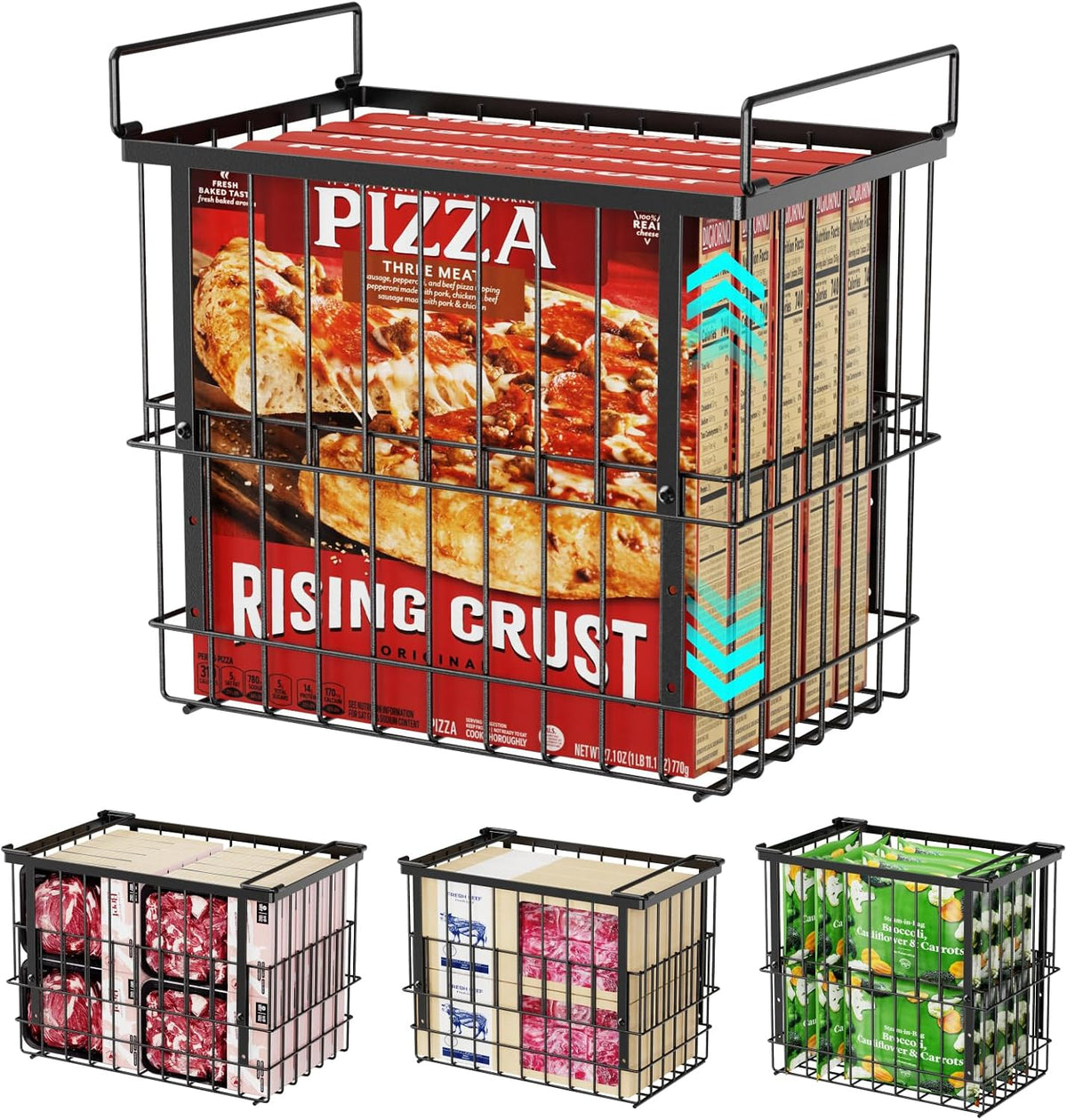 iSPECLE Deep Freezer Organizer Bins - Height-Adjustable Fit 12" Pizza, 2Pcs | Extra Large, Stackable For 5 to 7 Cu. Ft Chest Freezers, Easily Sort and Get Frozen Foods with Handles, No Digging, Black