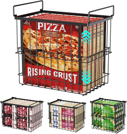 iSPECLE Deep Freezer Organizer Bins - Height-Adjustable Fit 12" Pizza, 2Pcs | Extra Large, Stackable For 5 to 7 Cu. Ft Chest Freezers, Easily Sort and Get Frozen Foods with Handles, No Digging, Black