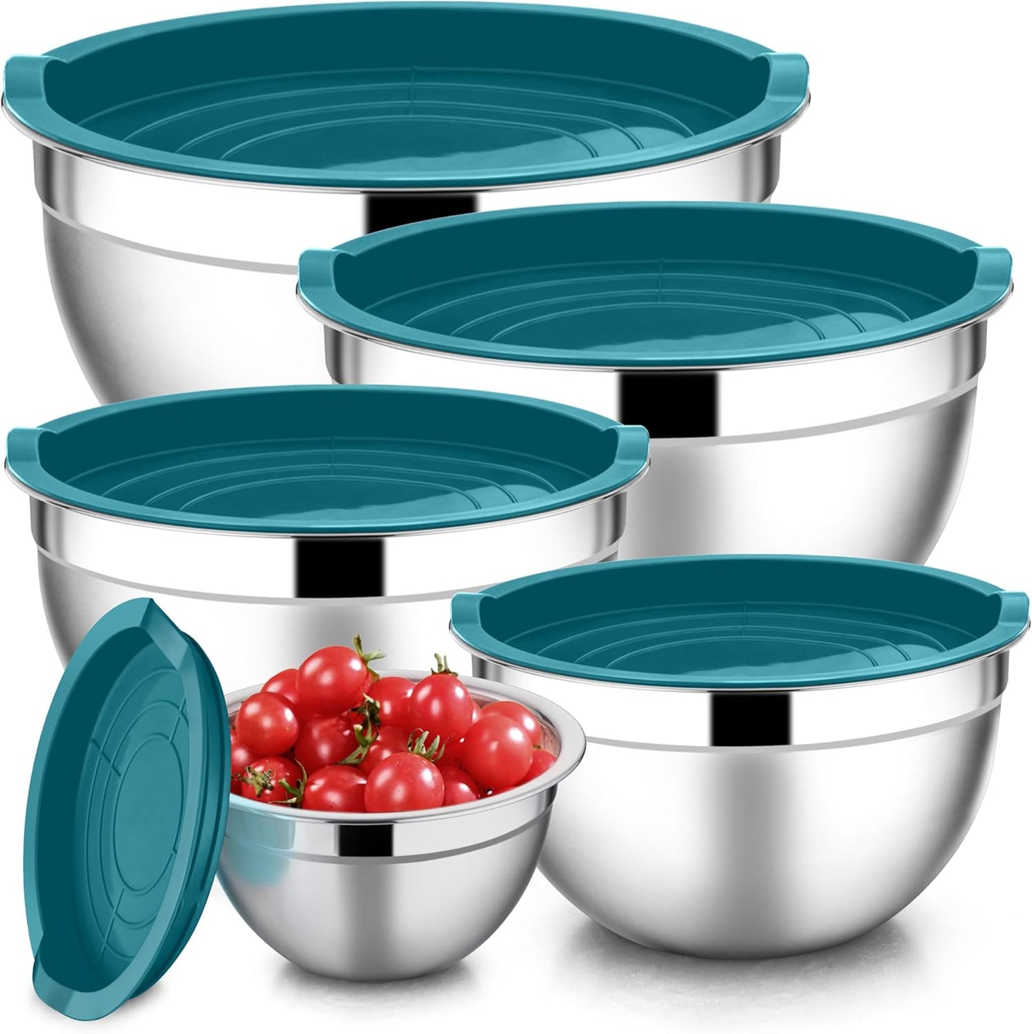 E-far Mixing Bowls with Lids Set of 5, Stainless Steel Mixing Bowls Metal Nesting Bowls with Airtight Lids, Non-toxic & Dishwasher Safe, Great for Cooking, Baking, Serving - Size 0.7/1/1.5/3/4.6QT