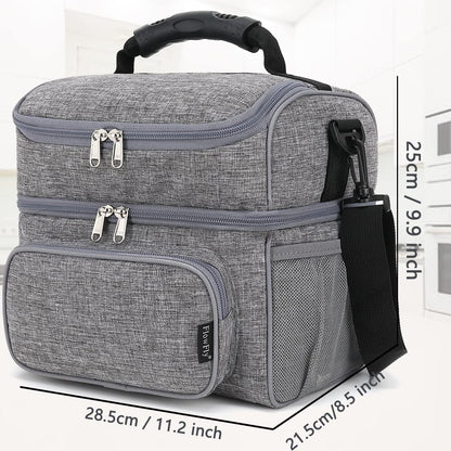 FlowFly Double Layer Cooler Insulated Lunch Bag Adult Lunch Box Large Tote Bag for Men, Women, With Adjustable Strap,Front Pocket and Dual Large Mesh Side Pockets