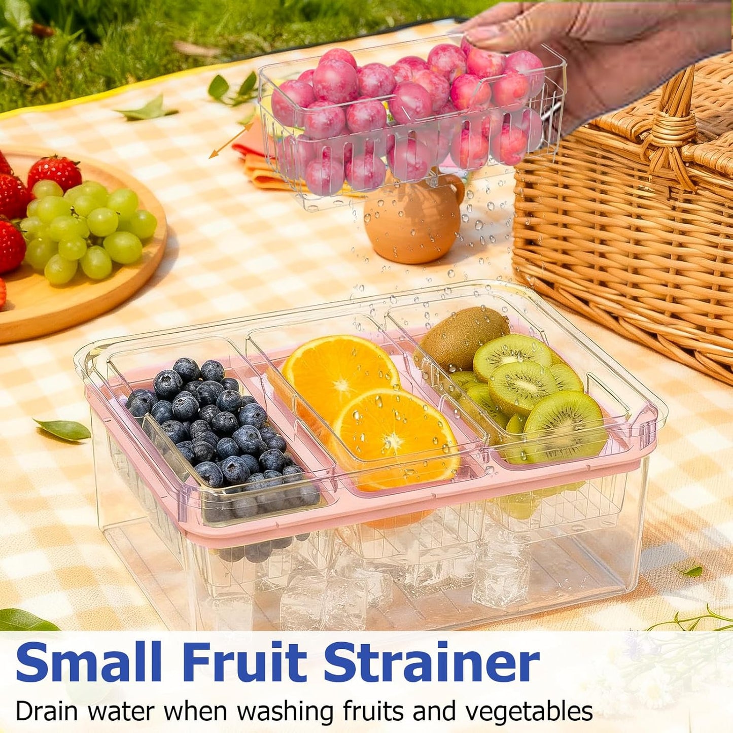 Sorgion Ice Chilled Condiment Caddy with Portable Handle, 5 Compartment Serving Tray with Built-in Bread Slicer and Ice Chamber, Clear Garnish Tray for Bar, Taco Party, BBQ, Picnic & Fruit Pink