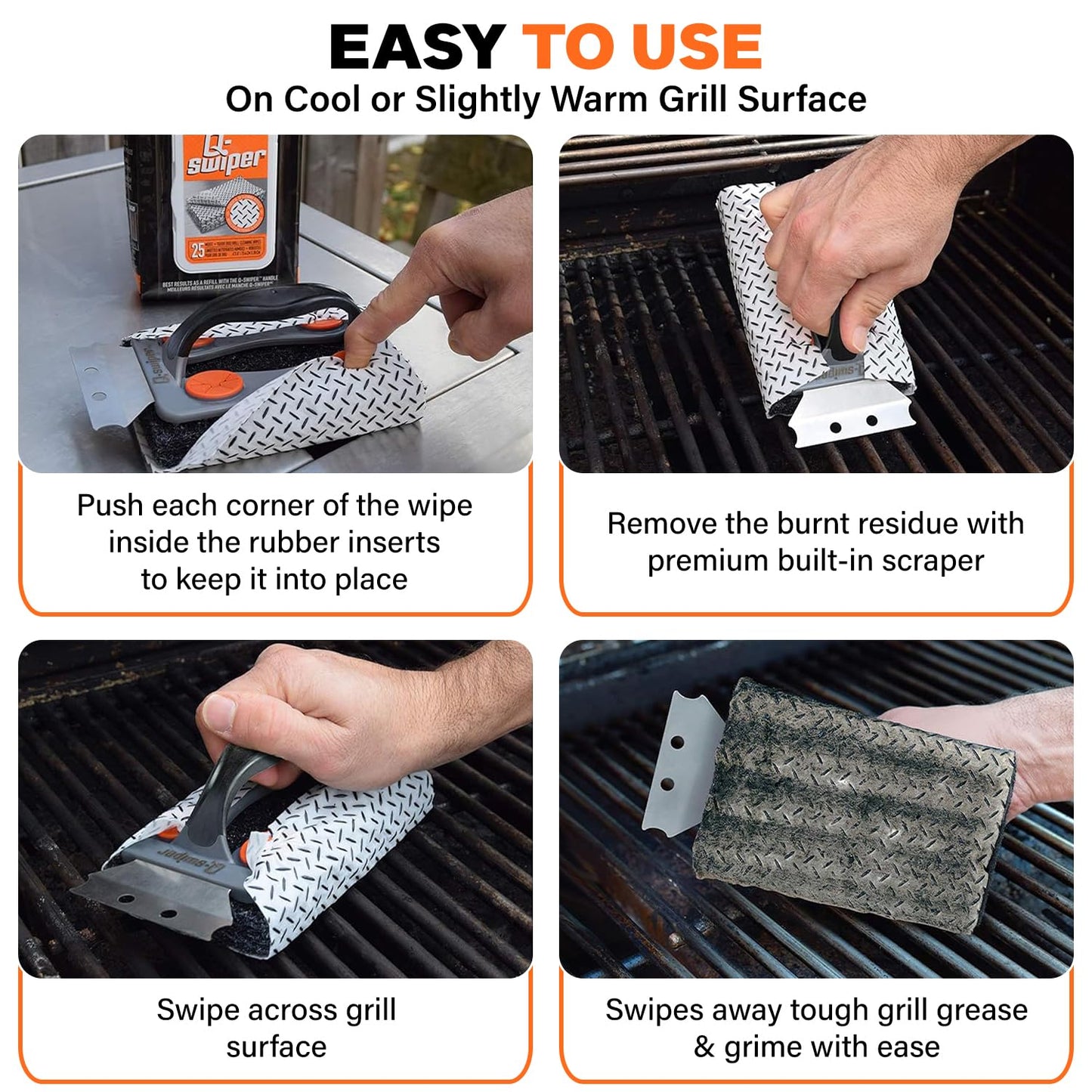 Proud Grill Q-Swiper BBQ Grill Cleaner Set - 1 Grill Brush with Scraper and 25 BBQ Grill Cleaning Wipes, Bristle-Free & Wire-Less, Safe Way to Remove Grease and Grime, Ideal Mens Birthday Gifts