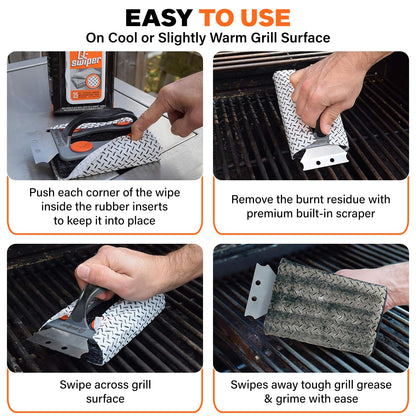 Proud Grill Q-Swiper BBQ Grill Cleaner Set - 1 Grill Brush with Scraper and 25 BBQ Grill Cleaning Wipes, Bristle-Free & Wire-Less, Safe Way to Remove Grease and Grime, Ideal Mens Birthday Gifts