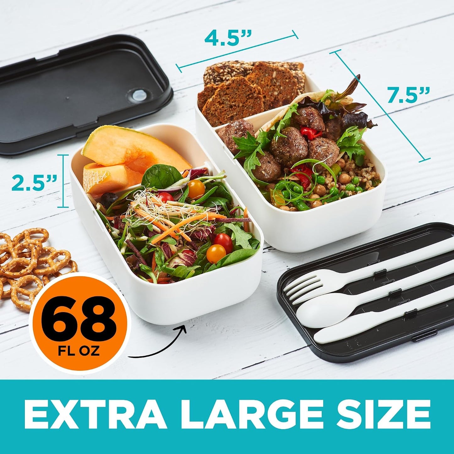 Double Premium Bento Box Adult, 67 fl oz BPA-Free - Cream Stackable Lunch Box with Leak-Proof Lids & Dividers, Perfect for Meal Prep, Lunches & Portion Control