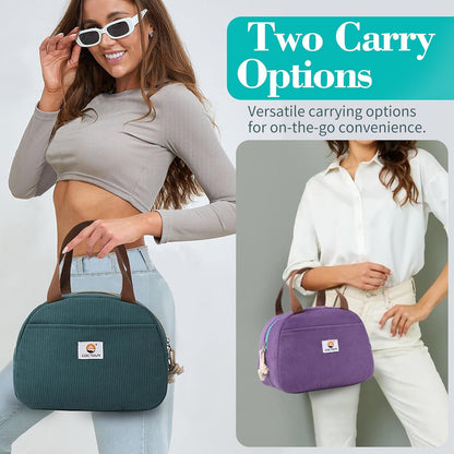 CaCTOUR Lunch Box for Women Girls Teens,Cute Lunch Box Cooler Bag, Portable Insulated Small Lunch Bag Women Reusable Corduroy Lunch Tote for Work/Travel/Picnic/School (Dog Green,Small)