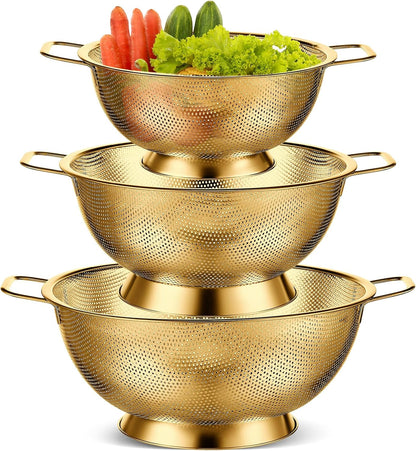 Bokon 3 Pcs Stainless Steel Colander Set Colander Bowl and Sieves 1/3/5 Quart Metal Mesh Strainer Net Basket with Handles Food Spaghetti Strainer for Kitchen Draining Pasta Rinsing(Gold)