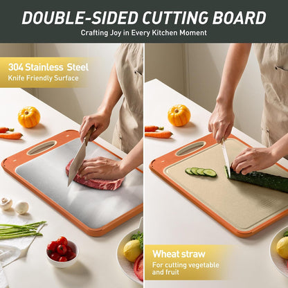 2 Packs Stainless Steel Cutting Board Set, Best Non Toxic Cutting Boards for Kitchen, Double Sided Metal Chopping Board for Meat/Fruit/Vegetables, Food Grade Kitchen Set Gift, [16”×11”+18”×12” Inch]