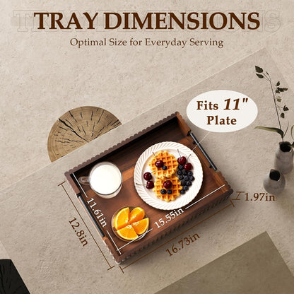 Acacia Wood Decorative Serving Tray with Handles, 16.7" x 12.8" Large Wooden Ottoman Tray for Living Room, Coffee Table Tray Decor for Food, Dinner, Tea or Breakfast in Bed (Natural)