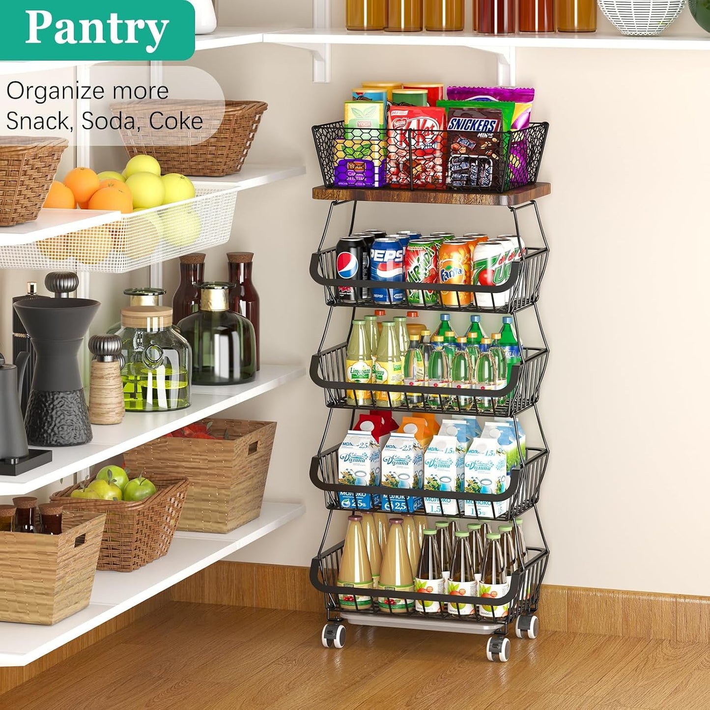 CHLORYARD Fruit Basket with Wooden Lid for Kitchen, 4-Tier Stackable Wire Fruit Vegetable Storage Basket Organizer Stand on Wheel, Produce Basket Potato Onion Storage Bins Rack Cart for Pantry