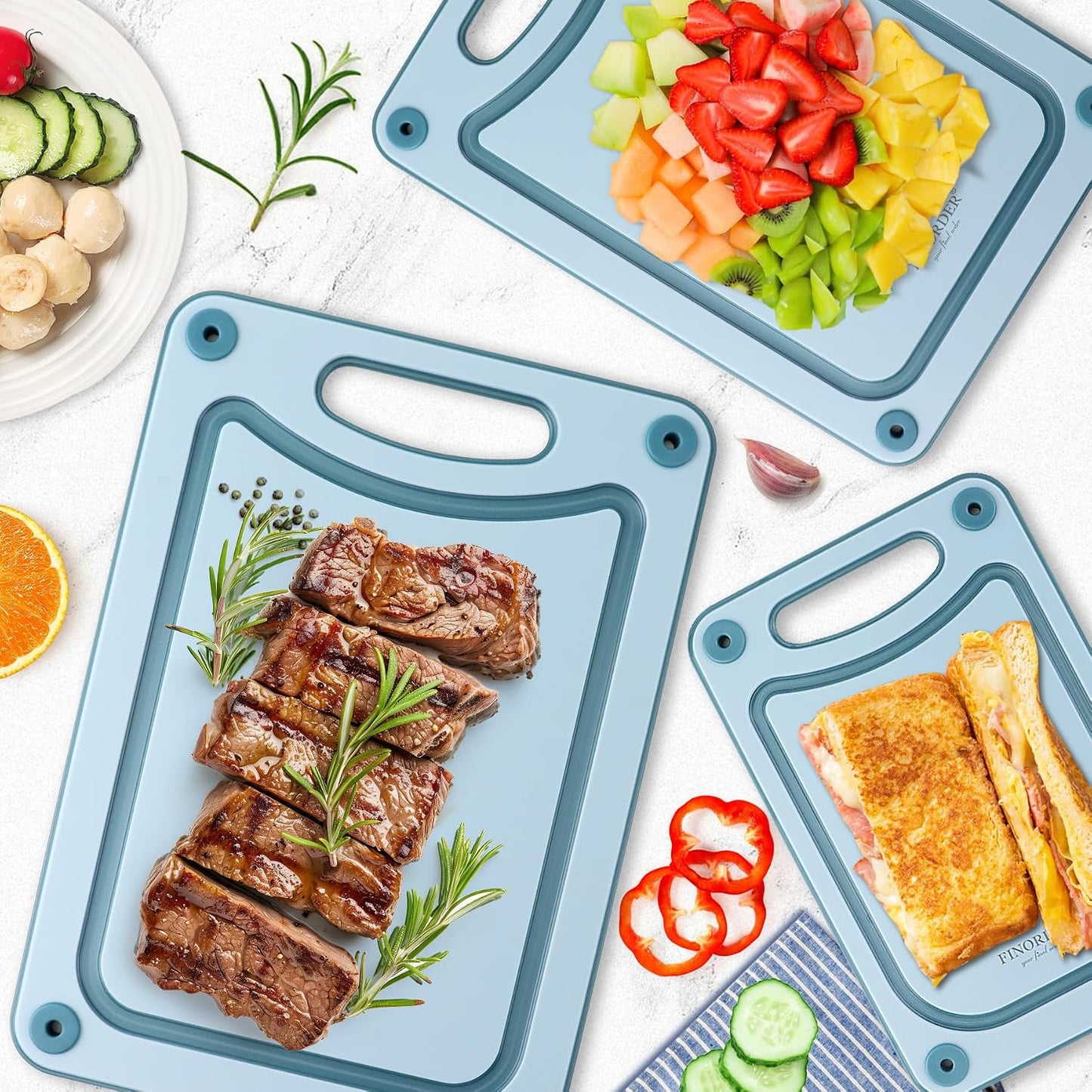 Finorder Set of 3 Sizes Cutting Board, Blue Double Side Non Slip Cutting Boards with Easy Grip Handle and Juice Grooves, BPA-Free Dishwasher Safe Reversible Chopping Board for Veggies Chopping Meat
