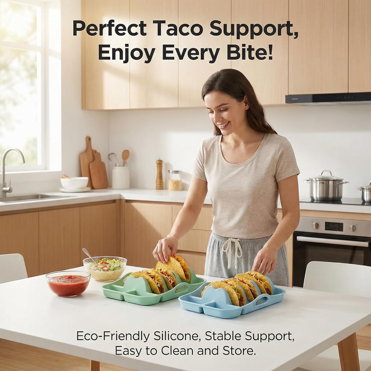 Li&Zhao Silicone Taco Holders Set of 2 - Reusable Taco Plates with Sauce Compartments, Microwave Safe, for Kitchen, Party, Fiesta,Soft Shell Tacos, Serving Taco Tray with Handle