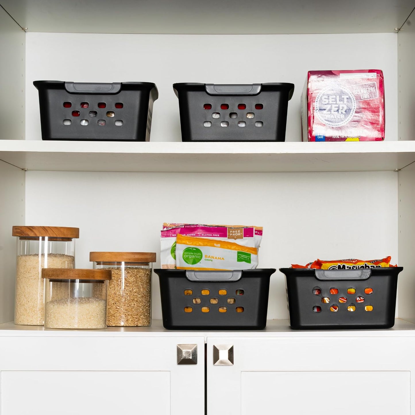 IRIS USA Plastic Storage Baskets, 6-Pack, Made in USA, Shelf Baskets Small Baskets Organizing Bins for Pantry Countertops Closet Shelves Laundry Room Office, Multi-Purpose, Nestable, Easy Carry, Black