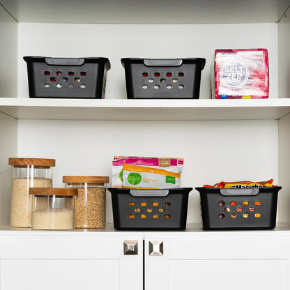 IRIS USA Plastic Storage Baskets, 6-Pack, Made in USA, Shelf Baskets Small Baskets Organizing Bins for Pantry Countertops Closet Shelves Laundry Room Office, Multi-Purpose, Nestable, Easy Carry, Black