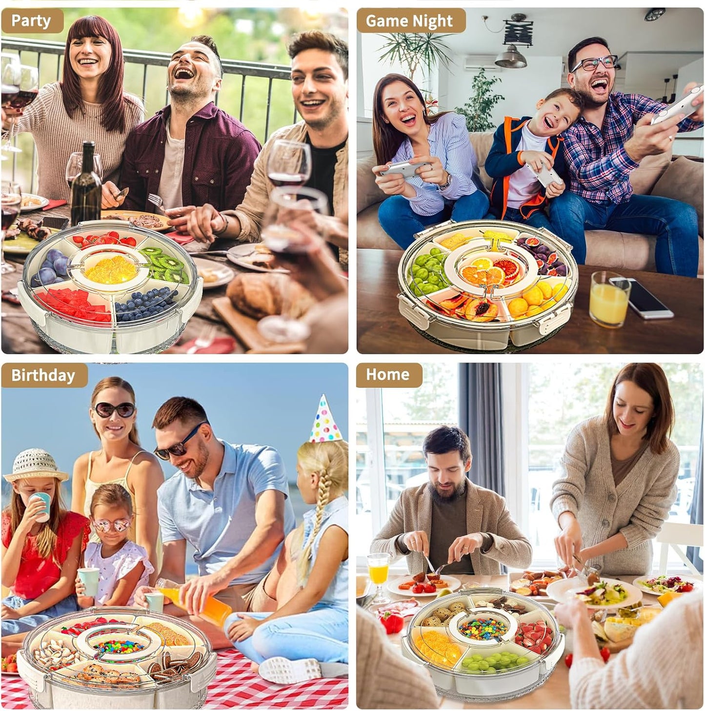 Divided Serving Tray with Lid and Handle, Fruit Platter for Snack Candy Charcuterie Organizer Portable Spinning Veggie Tray for Kitchen Party Travel and Picnic Stackable Snackle Box Container