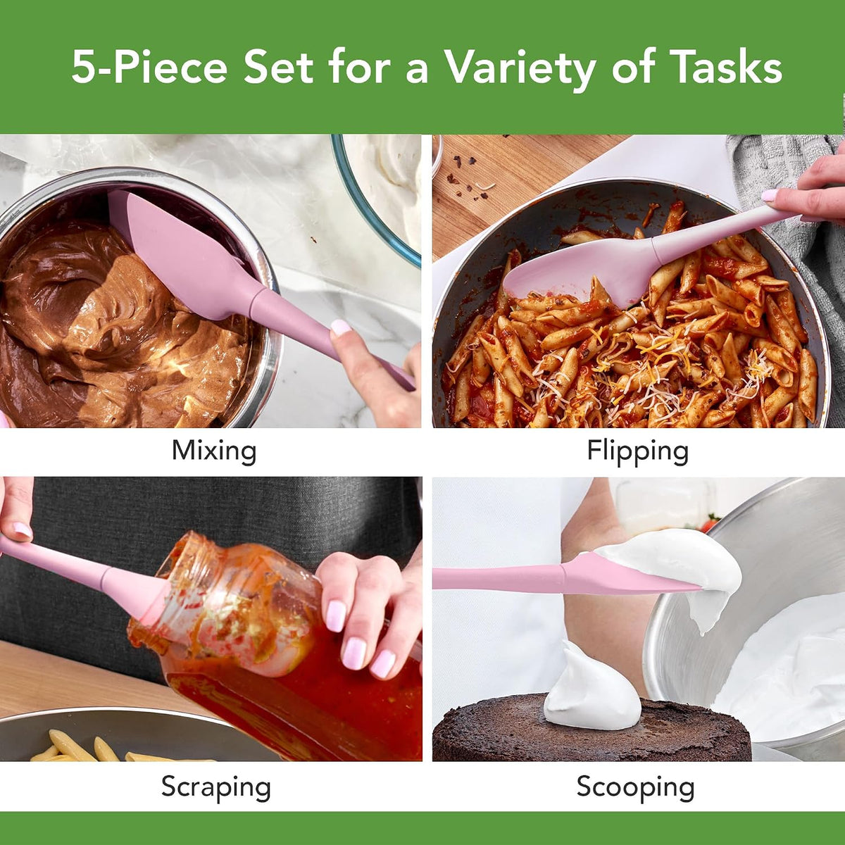 Tovolo Flex Core 5 Piece Silicone Spatula Set Heat Resistant All Silicone Utensils Include Non Stick Spatula Spoonula Jar Scraper, Dishwasher Safe BPA Free Spatulas for Baking Mixing, White