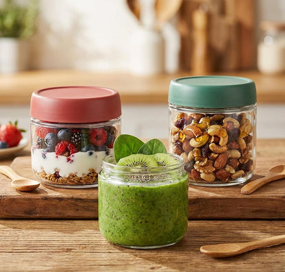 3Pack Overnight Oats Containers with Lids,10oz Glass Jar with Scew Lid,Salad Dressing Fruit Veggies Sauce Snacks Meal Prep Food Containers,Spice Jars,Wide Mouth Storage Containers
