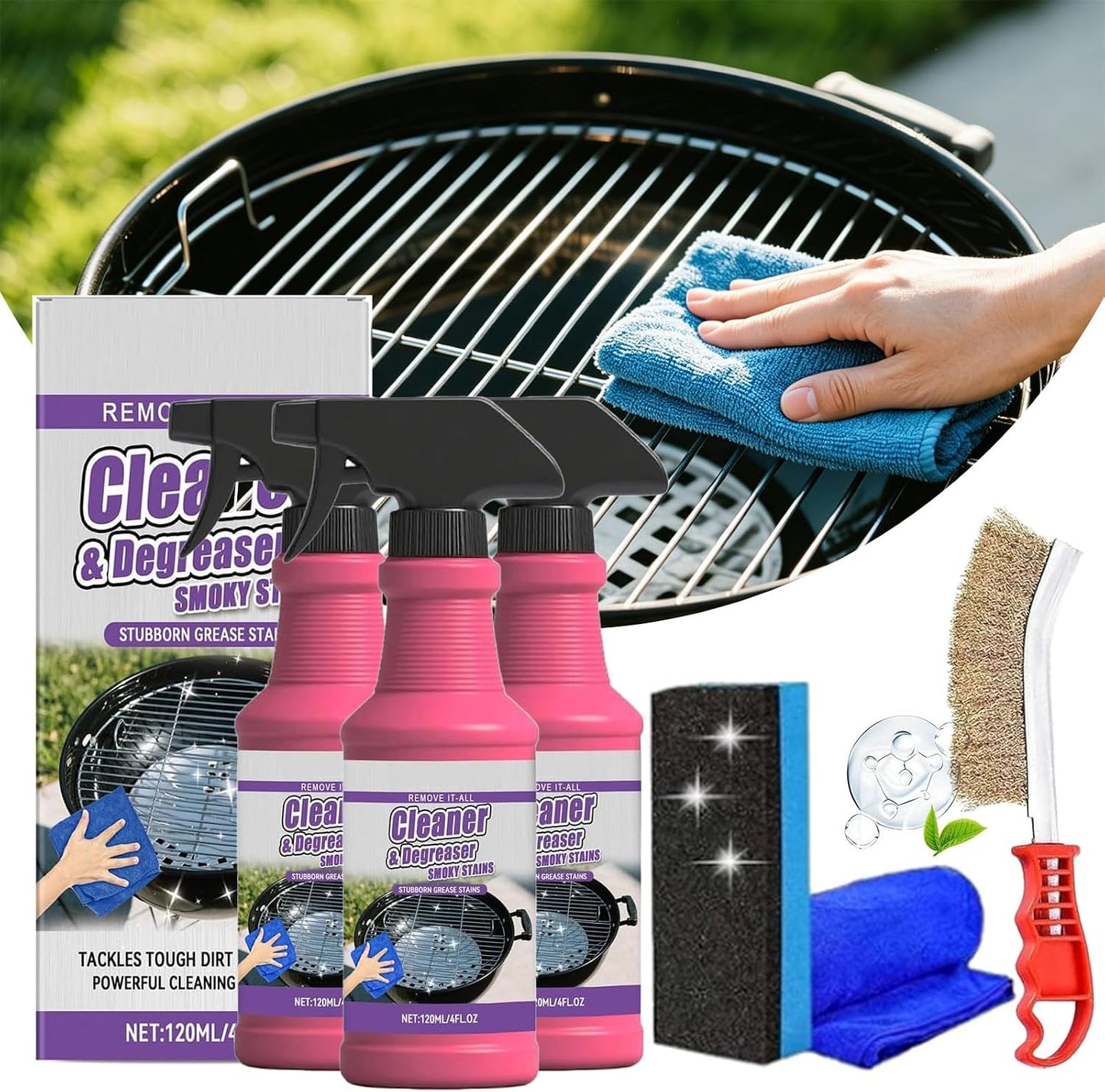 Fast-Acting Heavy-Duty Grill Degreaser Spray, Heavy Duty BBQ Grill Degreaser Cleaner, 120ml BBQ Degreaser for Outdoor Grills & Smokers, Removes Burnt Grease (1PC)