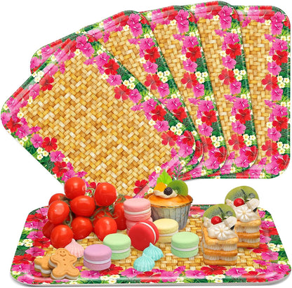 Rtteri 6 Pcs Hawaiian Luau Party Serving Trays 13" x 10" Reusable Plastic Tropical Melamine Dishes for Hawaii Luau Party Summer Platters Tableware Decoration