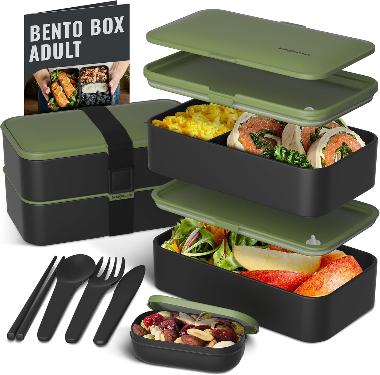 Bentoheaven Premium Bento Box Adult Lunch Box with Compartments for Women & Men, Set of Utensil & Chopsticks & Dip Container, Cute Japanese Kids Bento Lunch Box, Microwavable (Symph Onyx)
