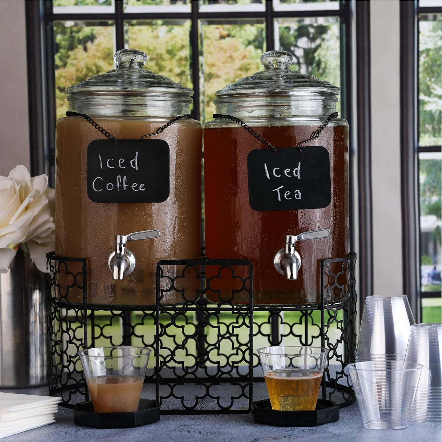 Dual 1.5 Gallon Glass Beverage Dispensers for Parties with Decorative Metal Stand, Stainless Steel Spigot,- Double Drink Dispenser Station for Parties, Weddings, Holidays