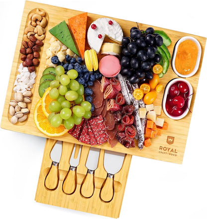 ROYAL CRAFT WOOD Premium Bamboo Charcuterie Board Set - Cheese Platter & Serving Tray & Serving Utensils - Perfect Housewarming Gift, Wedding, Bridal Shower Gift - Ideal for Entertaining and New Home
