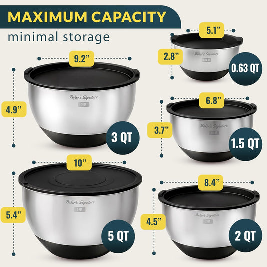 Baker's Signature Stainless Steel Mixing Bowls with Lids Set, 5 Sizes, 3 Graters, Non-Slip Base, Airtight Lids, Metal Mixing Bowls for Kitchen, Food Prep, Storage, 0.63QT-5QT, Black