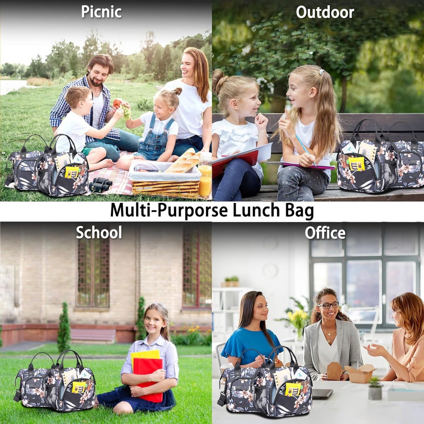 TuErCao Small Lunch Bag Lightweight Insulated Lunch Box for Women Work Portable Soft Cooler for Picnic Travel Road Trips, Loncheras para Mujer, Black