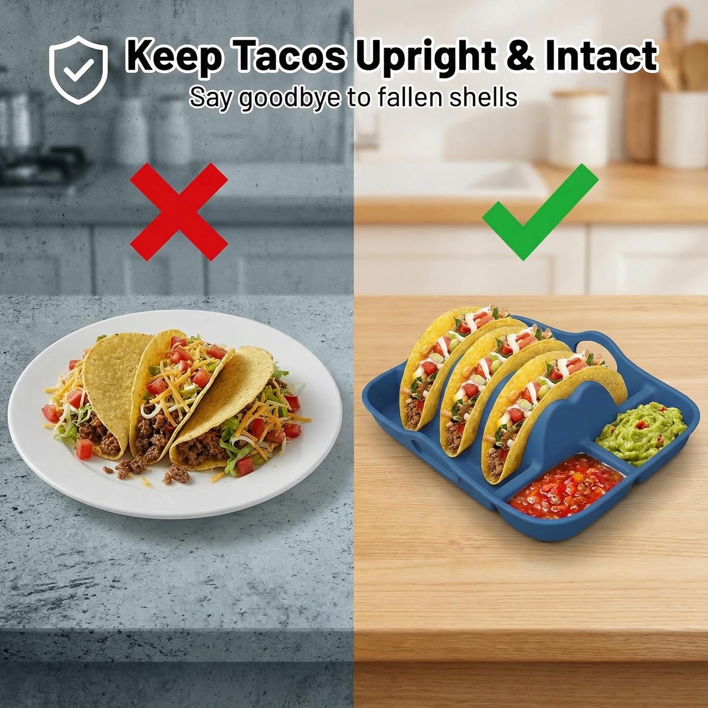 Classic White & Navy Silicone Taco Holder Set of 2, with Dip Bowls & Dividers, Elegant Non-Slip Serving Plates for Hard/Soft Tacos, Dishwasher & Microwave Safe Party Essential