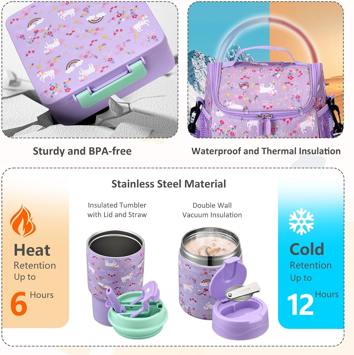 Pawtong Lunch Box Set with Bento Box Container, 17OZ Stainless Steel Food Soup Thermo, Kids Water Bottle & Portable Insulated Lunch Bag, Leakproof, Hot/Cold Retention for School, Travel (Purple-Horse)
