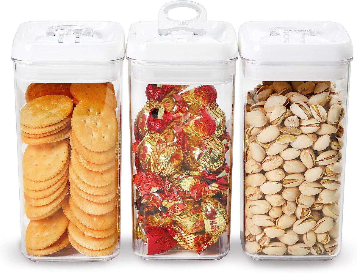 Felli Flip Tite Acrylic Food Storage Container with Lid 6” XL Air Tight Ring Seal Flip Top, Plastic Kitchen Baking Canister for 5 lb Flour Sugar Rice Protein Powder Pantry Organizer (Nest-M, White)