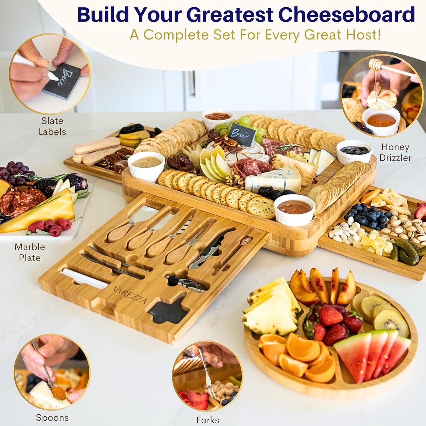 Charcuterie Boards Set – Large Bamboo Cheese Board & Platter with Charcuterie Accessories, Housewarming Gifts for New Home, Christmas, Bridal Shower, New House Gift