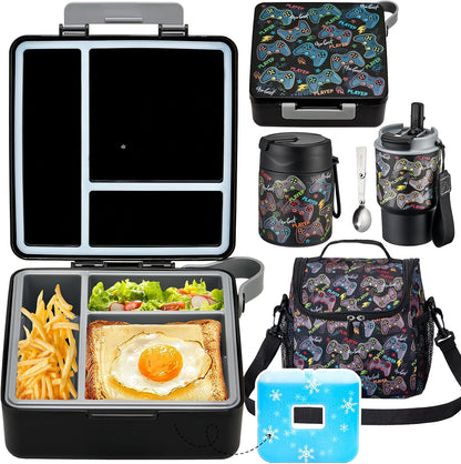 Pawtong Lunch Box Set with Bento Box Container, 17OZ Stainless Steel Food Soup Thermo, Kids Water Bottle & Portable Insulated Lunch Bag, Leakproof, Hot/Cold Retention for School, Travel (Purple-Horse)