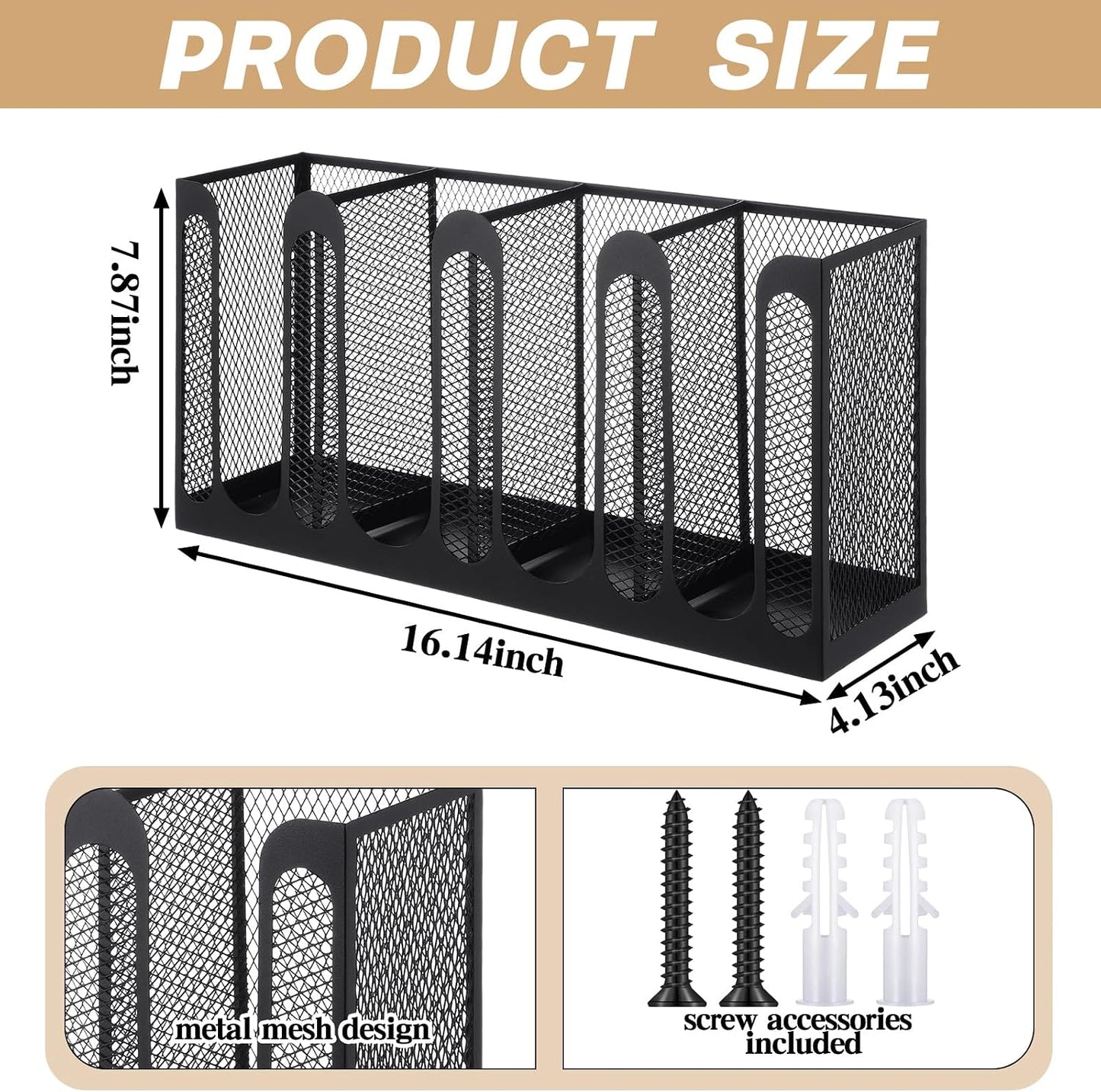 Maxcheck Metal Mesh Cup and Lid Holder Coffee Paper Cup Dispenser Lid Holder Storage Organizer Countertop or Wall Mount for Coffee Bar, Kitchen, Breakroom(4 Compartments,16.1 x 4.1 x 8 Inch)