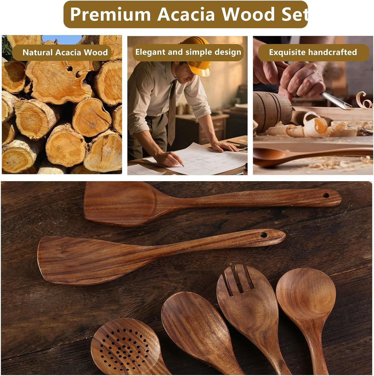 Wooden Spatula, Acacia Wood Long Handle Flat Frying Turner, Handmade wooden spoons for cooking, Kitchen Utensil set, Non-Stick Cooking Spurtle Utensils for kitchen use