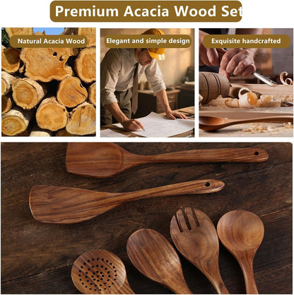 Wooden Spatula, Acacia Wood Long Handle Flat Frying Turner, Handmade wooden spoons for cooking, Kitchen Utensil set, Non-Stick Cooking Spurtle Utensils for kitchen use