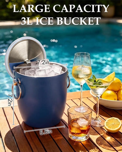 Insulated Ice Bucket, 3L Double Wall Stainless Steel Ice Bucket with Tongs,Lid, Scoop and Strainer, Ice Buckets for Parties,Cocktail Bars, Chilling Beer, Champagne, Wine Bottles