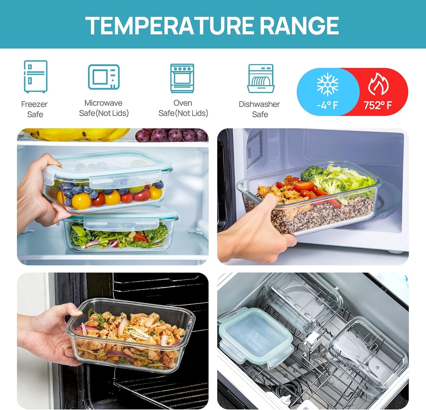 Vtopmart 2Pack 1860ml/63oz Large Glass Storage Containers with Lids, Meal Prep Food Container Set with Snap Airtight Lid for Baking, Microwave, Oven, Leak Proof, for Freezer, Dishwasher, Grey