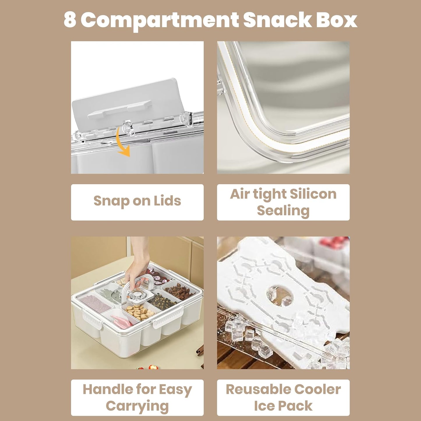Portable Snackle Box Container with Ice Pack – 8-Compartment Snack Tray with Lid, Divided Serving Tray & Drain Trays, Ideal Charcuterie Snack Cooler for Picnic, Travel & Parties