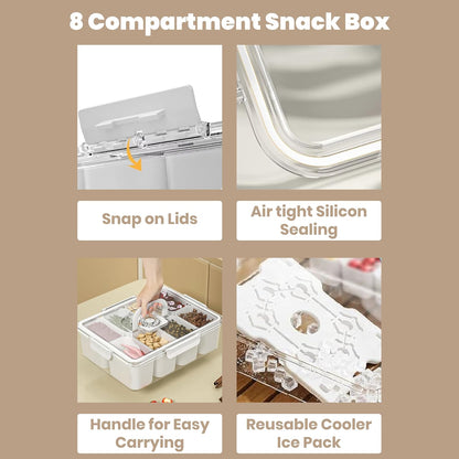 Portable Snackle Box Container with Ice Pack – 8-Compartment Snack Tray with Lid, Divided Serving Tray & Drain Trays, Ideal Charcuterie Snack Cooler for Picnic, Travel & Parties