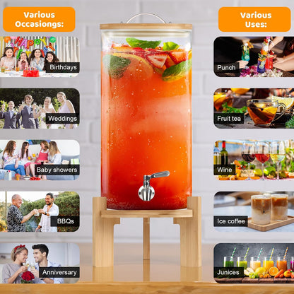 Beverage Dispenser 2.1 Gallon, Glass Drink Dispenser with Stand, Drink Dispensers for Parties, Beverage Dispenser with Wood Stand, Stainless Steel Spigot, for Parties,Bars,Restaurants (2.1 Gallons)